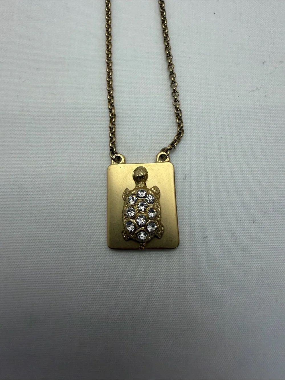 Vintage J. Crew Gold Turtle Pendant Necklace with Crystal Accents